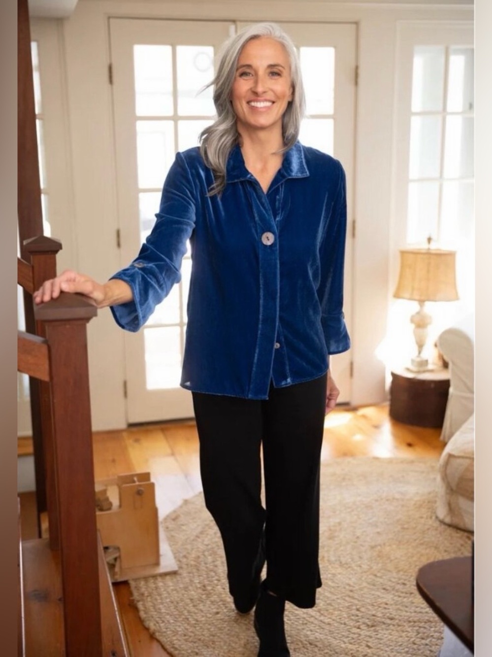 Habitat Blue Velvet Covered Button Down 3/4 Long Sleeve Party Swing Shirt Top XS